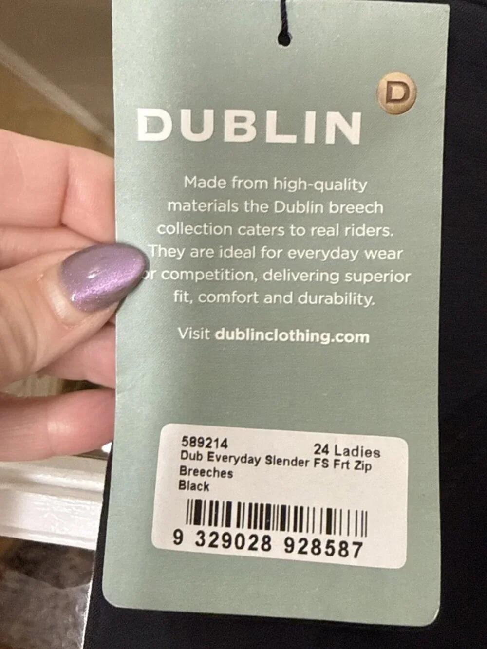 Dublin Riding Pants Wmn 24 Slender Black Solid Knee Patches Stretch Cotton NEW